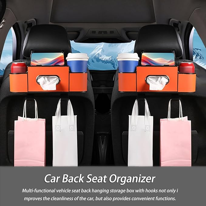 pupken Car Organizers and Storage Box, Car Organizers and Storage Box Behind Set, 4 in 1 Multifunctional Cars Organizer and Storage Back Seat for Hold Phone, Drinks, Handbag, Universal Fit (Brown*2)