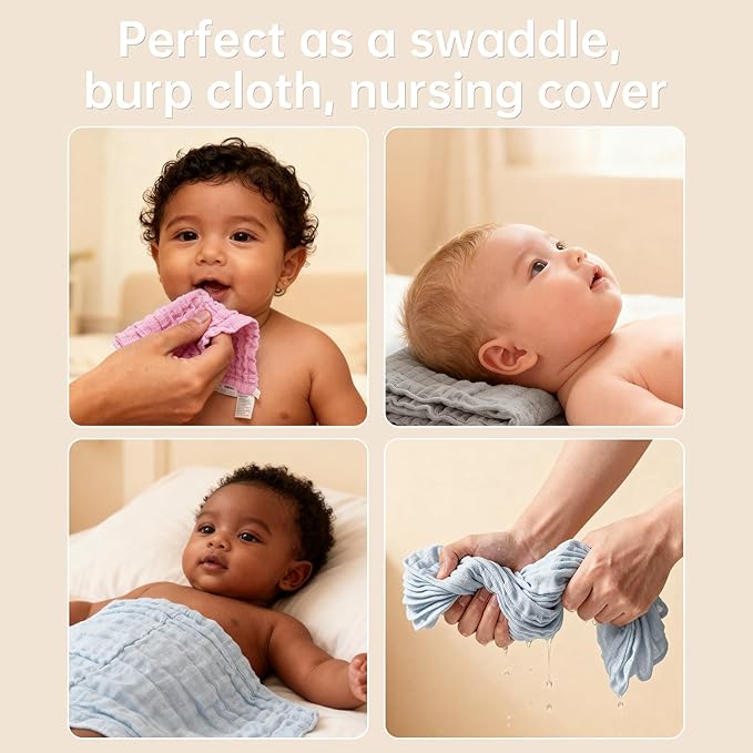 Organic Muslin Baby Washcloths 6 Pack Baby Bath Face Towel 12x12 Inch Extra Absorbent and Soft Burp Cloth and Wash Cloths for Newborn-Infants On Sensitive Skin (Grey Pink Blue)