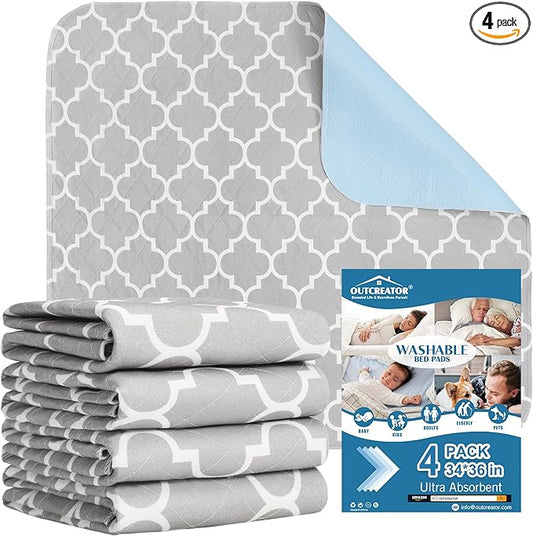 OUTCREATOR® Washable Bed Pads 34" x 36" (Pack of 4), Incontinence Mattress Protector, Anti-Slip Waterproof Underpads for Adults Kids Elderly Pets, Absorbency & Reusable Bedwetting Pads (Gray)