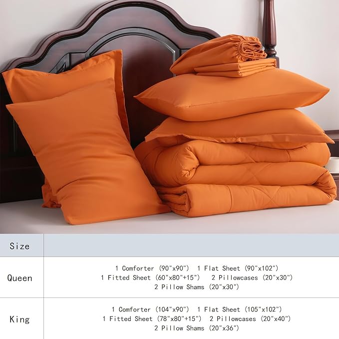 NTBAY Queen Comforter Set with Sheets, 7 Pieces Soft and Breathable Queen Bedding Set, Bed in a Bag, Down Alternative Comforter Set Solid Color All Season, Queen Bedding Set, Orange