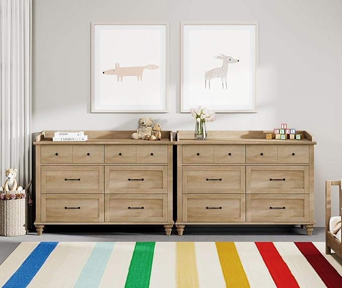 WAMPAT 2-in-1 Baby Dresser with 12 Drawers for Kids Dresser, Farmhouse Wooden Double Dressers for Bedroom, Oak 6 Drawer Dressers Set Organizer for Children’s Bedroom, Nursery Furniture