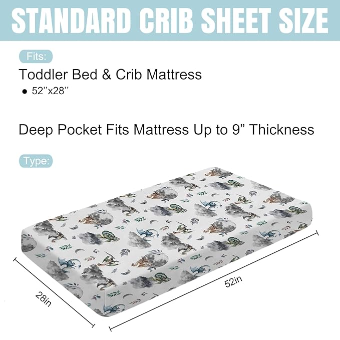 Watercolor Dragons Fairytale Baby Crib Sheets - 52''x28'' Dragon Wings Leaves Moon Clouds Stretchy Fitted Mattress Cover for Boy & Girl - Soft Nursery Bed Sheets for Standard & Toddler Mattress