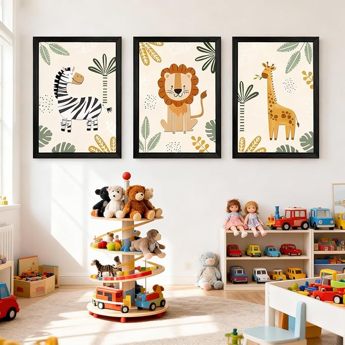 Cute Zebra Lion Giraffe Quote Framed Wall Art Set of 3, 11x16 Boho Educational Animal Wall Sign for Baby Girl Kid Boy Toddlers, Wooden Inspirational Nursery Wall Decor Black