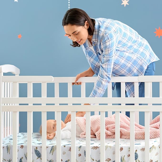LifeTree Crib Sheets for Baby Unisex - Muslin Fitted Crib Sheets Toddler Bed Sheet, 70% Viscose from Bamboo and 30% Cotton, Fits Standard Crib, Sea Turtle, 28in x 52in