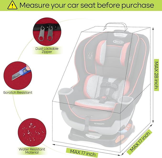 ZRRAJOY Padded Car Seat Travel Bag for Airplane, Heavy Duty Backpack for Air Travel, Water-Resistant Carrier with Shoulder Strap, Fits Most Car Seats (Red)