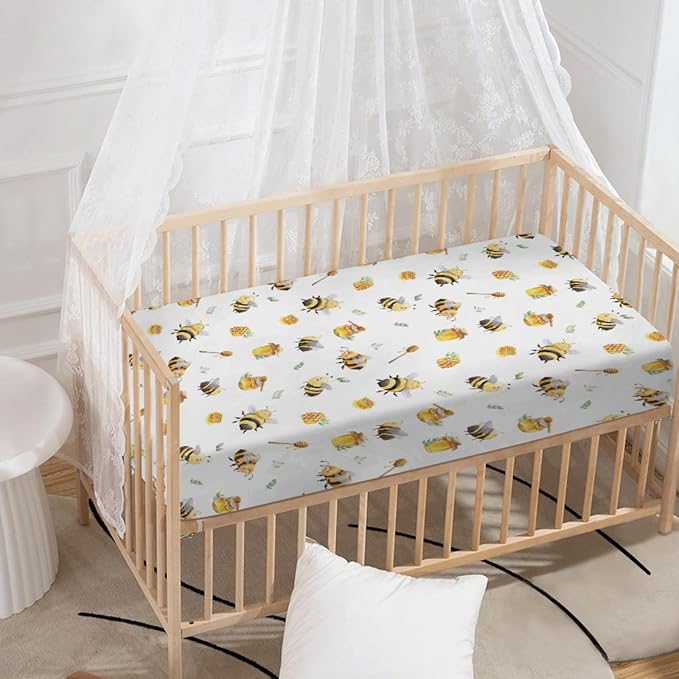 Bee Honey Baby Crib Sheets Neutral for Standard Crib Mattress Pads Cartoon Bee Honeycomb Fitted Crib Sheet Nursery Crib Mattress Cover Boys Girls Toddler Bed Sheet Stretchy Breathable Nursery Bed
