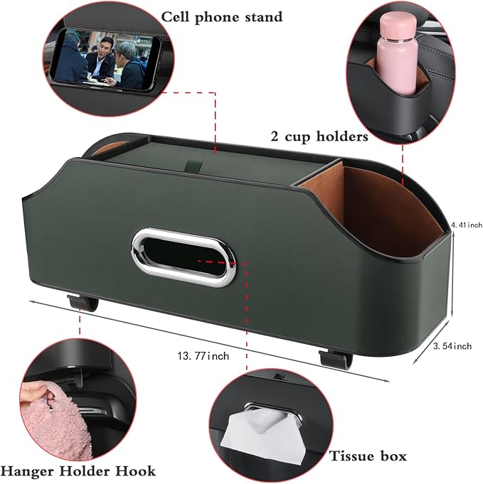 HALOYIVGO Car Seat Back Organizer - Stylish & Functional Storage for Family Adventures - Cup Holders, Tissue Box & Hooks - Perfect for Kids, Road Trips & Travel (Emeralds)