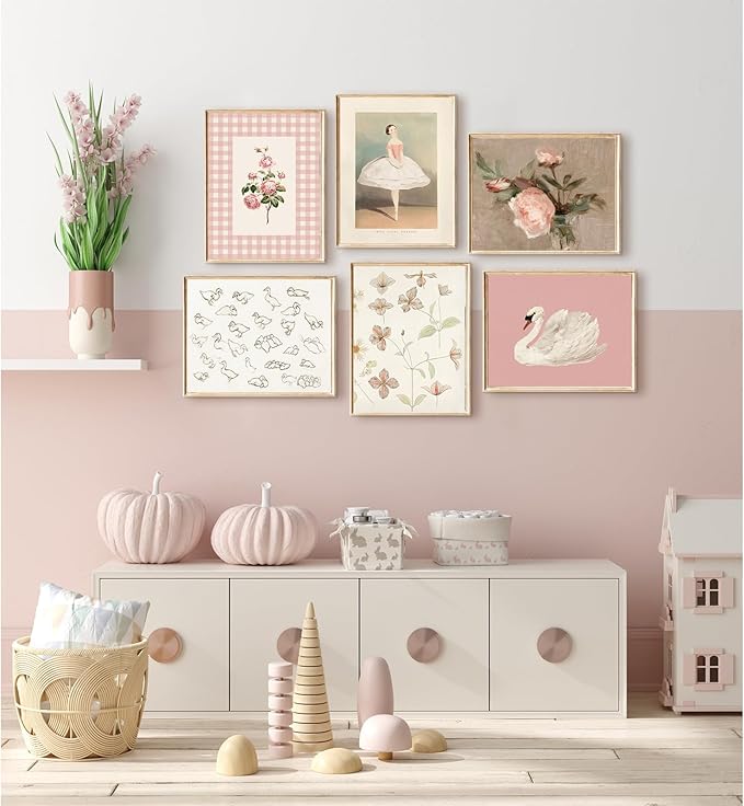 Nursery Pink Wall Art Decor Baby Girl Room Prints Vintage Nursery Floral Canvas Wall Decor Preppy Room Pictures Pink Swan Flower Paintings Artwork for Girls Bedroom 12x16 Inch Unframed Set of 6