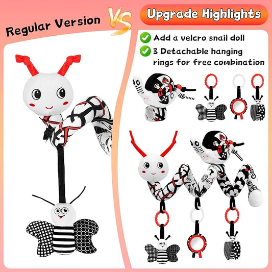 Spiral Car Seat Baby Toys 0-6 Months, Activity High Contrast Black White Sensory Toys with Wrist Rattles Set Hanging Stroller Accessories, Newborn Adjustable Carseat Toys for Baby Boys Girls