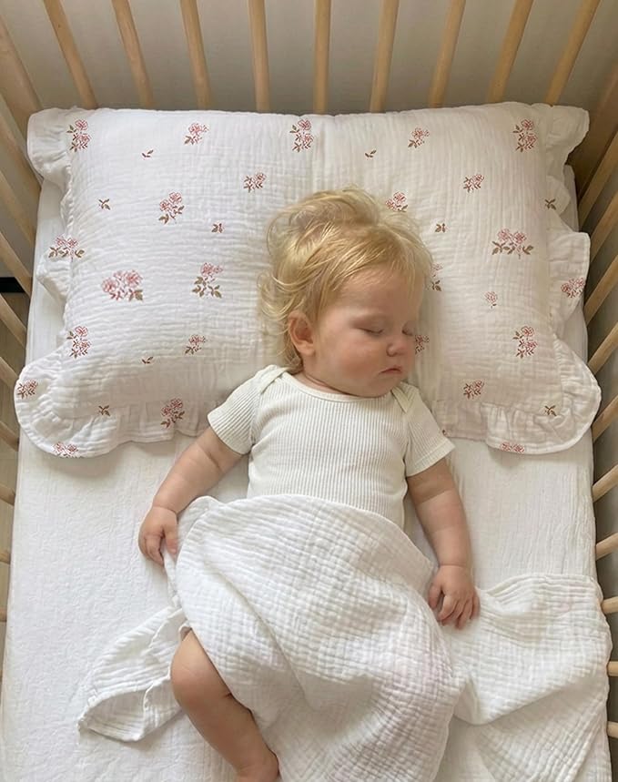 Muslin Ruffled Toddler Pillowcases 13"x18" 2 Pack, Soft, Breathable Muslin Cotton Travel Pillow Covers with Envelope Closure for Baby Boys, Girls & Kids (Fern Leaf & Sage-Ruffled, 13 x 18 Inch)