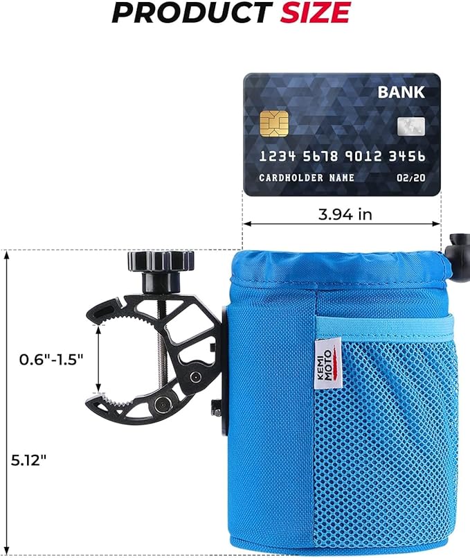 KEMIMOTO Motorcycle Cup Holder, Oxford Fabric Motorcycle Drink Holder with 0.6"-1.5" Alligator Clamp, Universal Water Bottle Cup Accessories for Bike, ATV/UTV, Scooter, Boat, Walker, Blue