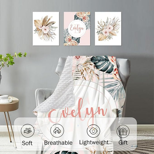 Personalized Baby Crib Bedding Set: 4 Piece Custom Bohemian Flowers Crib Bed Set with Name, Nursery Bedding Set for Baby Girls, Newborn Boys Crib Sets, Crib Bedding Custom Gift, Crib Sheet