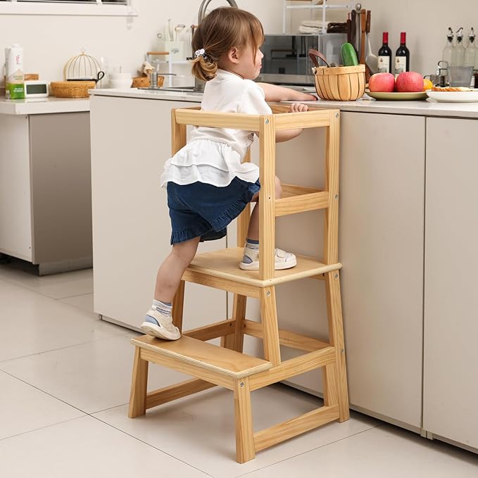 Kids Kitchen Step Stool for Kids with Safety Rail,Solid Wood Construction Toddler Learning Stool, Montessori Toddlers Kitchen Stool Tower(Natural)