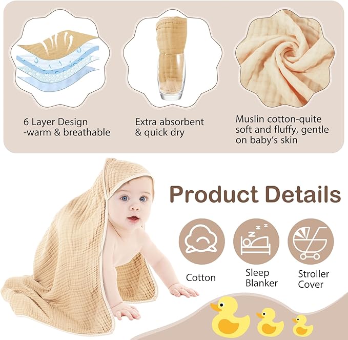 Peryiter 4 Pcs Muslin Hooded Baby Towels, 32x 32'' Cotton Newborn Bath Towel Muslin Infant Baby Blankets Absorbent Unisex Christmas Registry Gift Essentials for Girls Boys (Green)