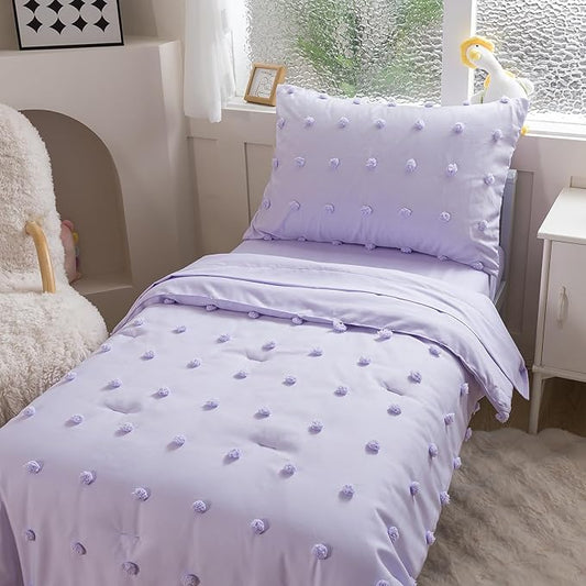 Caressma Lavender 4 Pieces Toddler Bedding Set - Lovely Pom Pom Tufted Comforter Set for Girls - Includes Purple Comforter, Fitted Sheet, Flat Sheet & Pillow Case