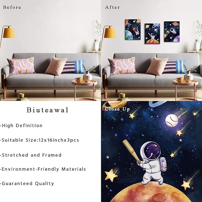 Biuteawal 3 Panels Space Wall Art Cute Astronaut Play Basketball Football Baseball Sports Picture Universe Theme Canvas Painting Funny Art Boys Girls Kids Bedroom Nursery Room Decor