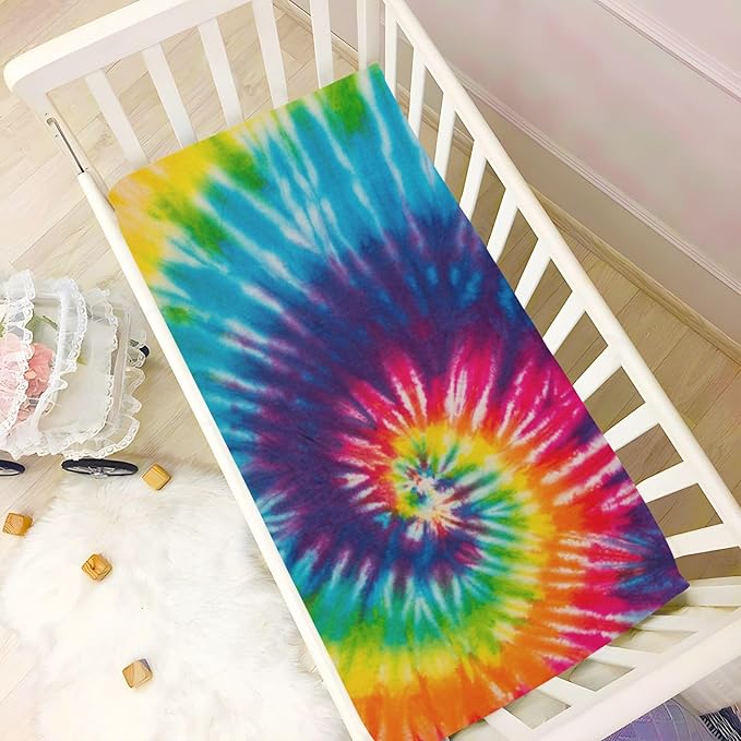 Tie Dye Rainbow Crib Sheets Soft Breathable Fitted Baby Playard Sheets Mattress Cover for Girl Boys, 39" x 27" x 5"