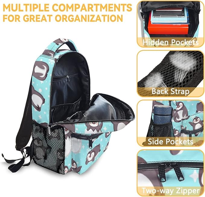 COOPASIA Cute Penguin Backpack, 16 Inch Animal Theme Bookbag with Adjustable Straps, Durable, Lightweight, Large Capacity, School Backpack for Kids Girls Boys