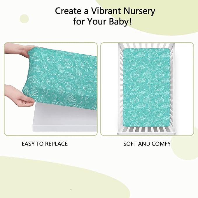 Sea Shells Themed Fitted Mini Crib Sheets,Portable Mini Crib Sheets Ultra Soft Material-Crib Mattress Sheet or Toddler Bed Sheet,24“ x38“,Seafoam White