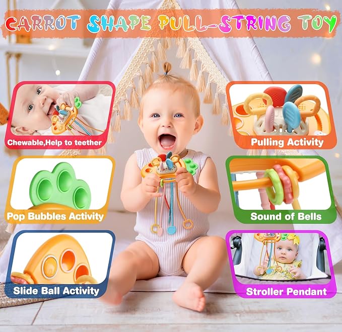 Baby Toys 6 to12 Months, 7 in-1 Montessori Toy for 6-9-12-18 Month Old with Pull String Toy, Sensory Bin Toys, Stacking Baby Blocks & Soft Infant Ring & Sensory Ball, Stacking Cups for Toddler 1-3Gift
