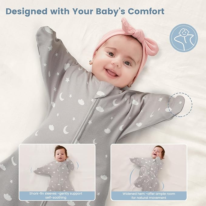 ZIGJOY Baby Transitional Swaddles for Newborns: 0.5 Tog Arms Up Sleep Sack 3-6-12 Months Soft Cotton Shark Fin 2 Way Zipper