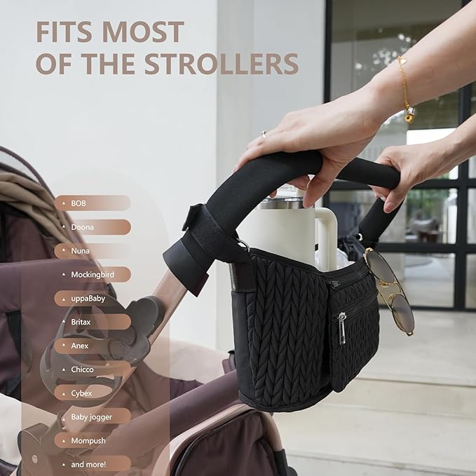 LUKJOJO Stroller Organizer - Stylish Quilting Nylon, Universal Fit, Detachable Bag, Adjustable Multi-Storage for Baby Stroller and Pet Stroller（Black-A