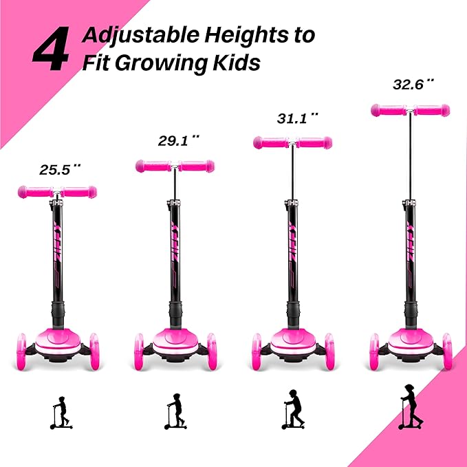 ZIFFY 3-Wheel Light-Up Toddler Scooter for Kids 3-8, Kids Scooter for Boys Girls with 20 Dynamic LED Lights, 4 Adjustable Height Balance Kick Scooter 110LBS, Lean-to-Steer Anti-Slip Wide Deck by JOVA