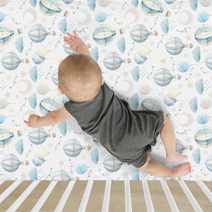Neutral Blue Hot Air Balloons Baby Crib Sheets for Boy Girl 52"x28" Pastel Balloons Moon Stars Clouds Soft Snug Fitted Crib Mattress Cover Boho Sky Nursery Baby Sheet for Crib & Toddler Bed Mattress