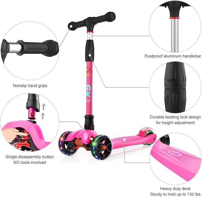Allek Kick Scooter B02, Lean 'N Glide Scooter with Extra Wide PU Light-Up Wheels and 4 Adjustable Heights for Children from 3-12yrs (Rose Pink)