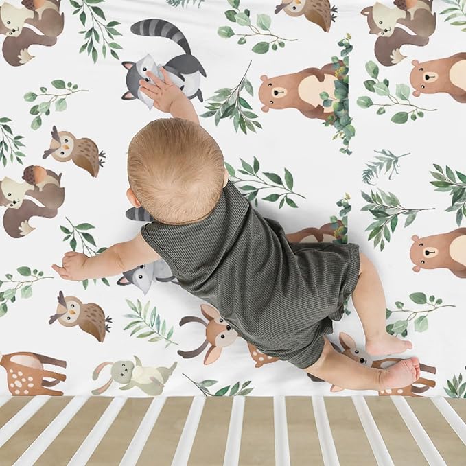 Cute Animals Green Leaves Baby Crib Sheets for Boy Girl 52"x28" Bear Deer Squirrel Bunny Owl Soft Snug Fitted Crib Mattress Cover Wild Animals Nursery Baby Sheet for Crib & Toddler Bed Mattresses
