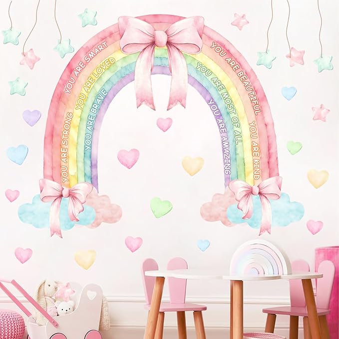 Large Watercolor Rainbow Wall Decals Pastel Pink Bow Wall Decor Kids Inspirational Vinyl Sticker Peel and Stick You are Loved Self-Affirmation Clouds Art Mural for Baby Girls Bedroom Nursery Playroom