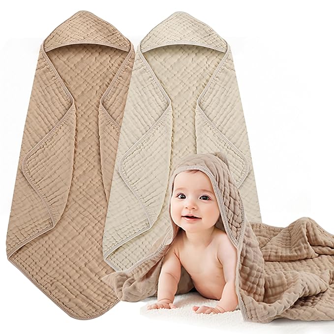 Hooded Baby Bath Towels for Newborn 2 Pack – 6-Layer 100% Muslin Cotton Baby Towels with Hood for Babies, Infants & Toddlers – Large 32x32 Inch Soft Absorbent Unisex Newborn Bath Essentials