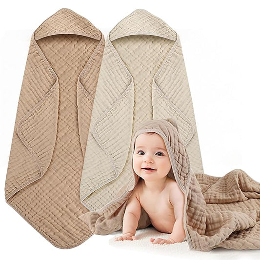Hooded Baby Bath Towels for Newborn 2 Pack – 6-Layer 100% Muslin Cotton Baby Towels with Hood for Babies, Infants & Toddlers – Large 32x32 Inch Soft Absorbent Unisex Newborn Bath Essentials
