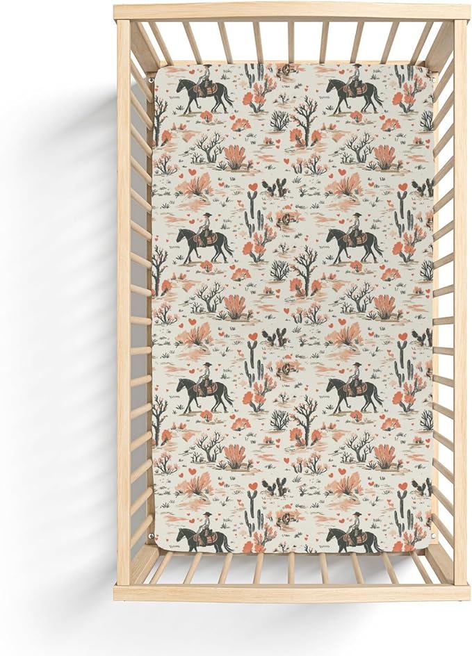 Vintage Western Cowgirl Love Baby Crib Sheets for Boy Girl 28"x52" Retro Pink Cowgirl Horse Cactus Soft Stretchy Fitted Crib Mattress Cover Wild West Baby Sheet for Standard Crib and Toddler Mattress