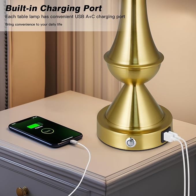 luxeflow 29" Tall Gold Table Lamps Set of 2 for Living Room, Touch Control Bedroom Lamps for Nightstand, 3-Way Dimmable Bedside Lamp with USB A+C Port &AC Outlets(2 LED Bulbs Included)