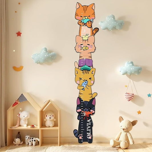 Woodemon Personalized Name Growth Chart for Wall, Kitten Eating Fish Wooden Height Chart, Thick Height Measuring Board for Boys and Girls, Measurement Ruler for Kids, Easy to Install