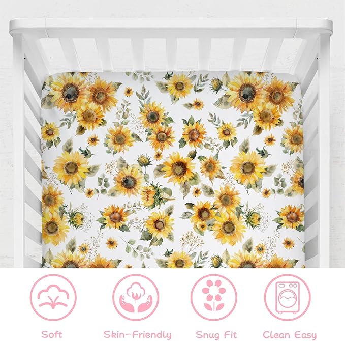Watercolor Yellow Sunflowers Baby Crib Sheet 52''x28'' Boho Sunflowers Leaves Stretchy Fitted Crib Mattress Covers for Boy Girl Summer Wild Floral Soft Baby Sheets for Standard Crib Toddler Mattress