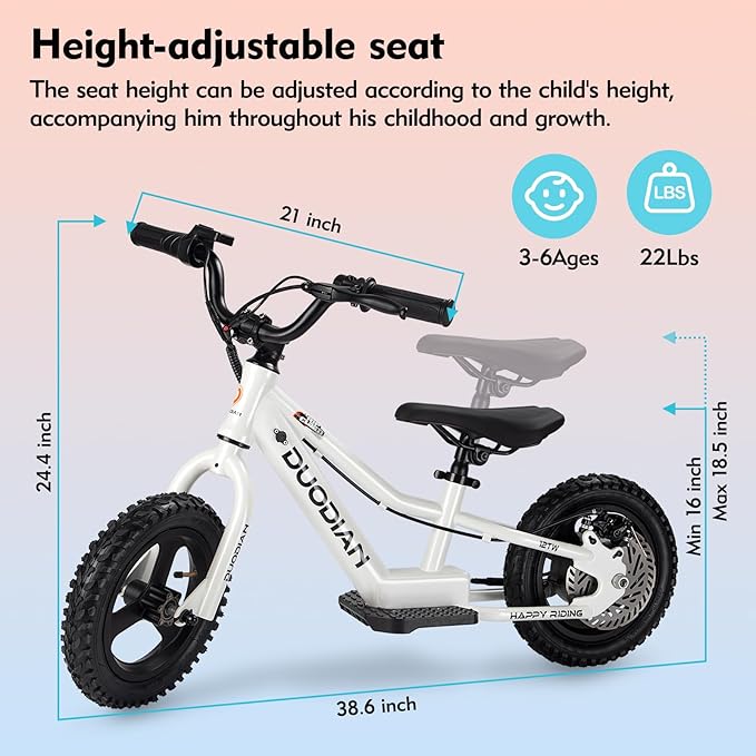 Electric Balance Bike for Kids Ages 3–6, 12-Inch Tires, 180W Peak Motor, 24V/2.6Ah, Adjustable Seat, Large Disc Brake,Up to 7 Miles, Electric Bike for Kids Boys & Girls