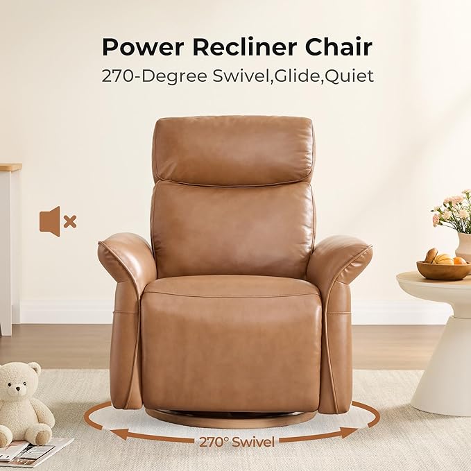 CHITA Genuine Leather Power Recliner Chair, Electric Triple-Motor Swivel Glider Nursery Rocking Chair with Adjustable Power Headrest and Lumbar Support, Solid Wood Base, Saddle Brown