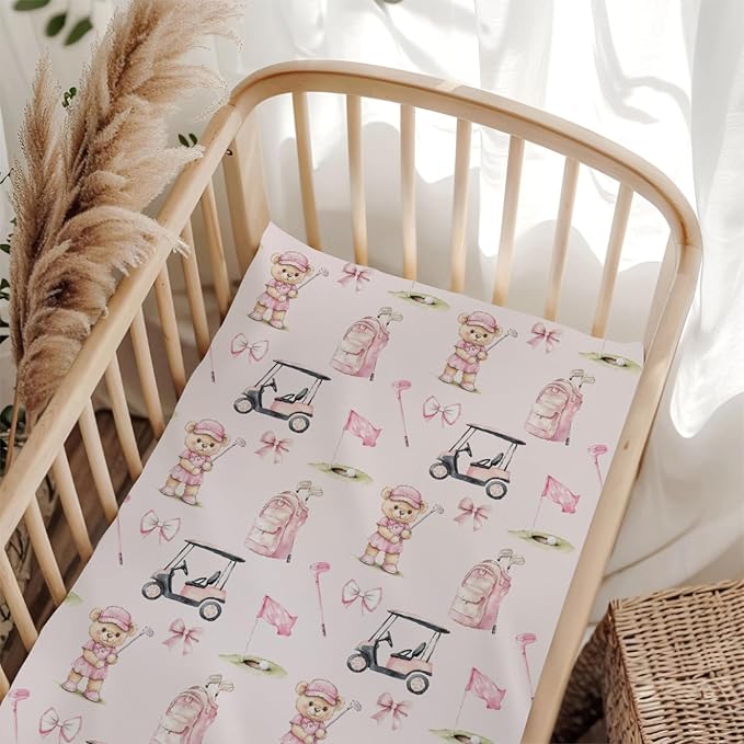 Cute Golf Bear Balls Cart Club Pink Baby Crib Sheet for Boys & Girls 52x28x9 in Bears Bows Golfing Bag Sport Fitted Crib Mattress Cover for Golfs Lover Gift Bed Sheet Bear One Size