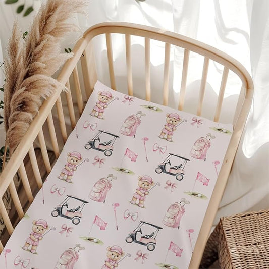 Cute Golf Bear Balls Cart Club Pink Baby Crib Sheet for Boys & Girls 52x28x9 in Bears Bows Golfing Bag Sport Fitted Crib Mattress Cover for Golfs Lover Gift Bed Sheet Bear One Size