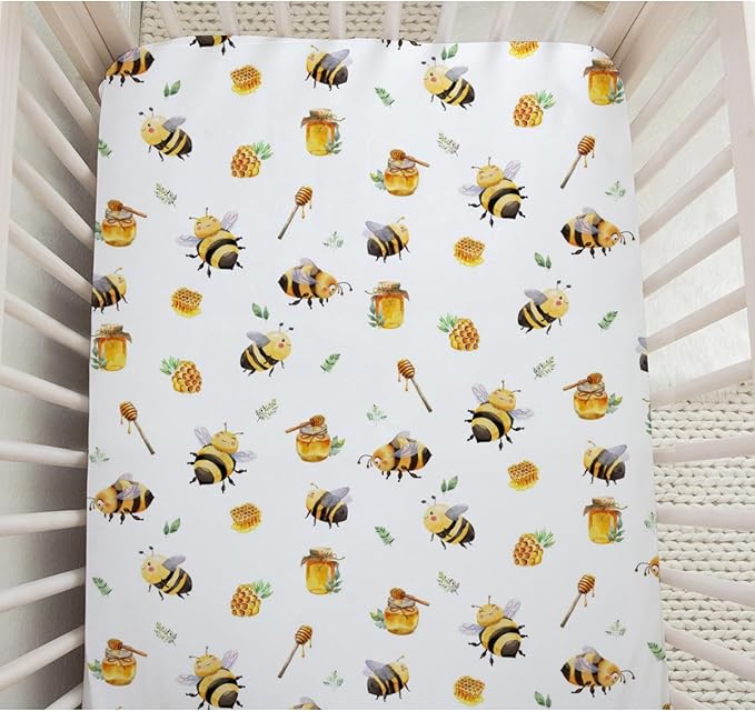 Bee Honey Baby Crib Sheets Neutral for Standard Crib Mattress Pads Cartoon Bee Honeycomb Fitted Crib Sheet Nursery Crib Mattress Cover Boys Girls Toddler Bed Sheet Stretchy Breathable Nursery Bed