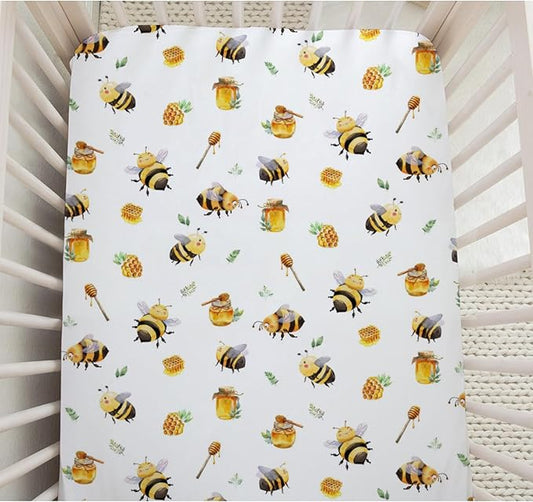 Bee Honey Baby Crib Sheets Neutral for Standard Crib Mattress Pads Cartoon Bee Honeycomb Fitted Crib Sheet Nursery Crib Mattress Cover Boys Girls Toddler Bed Sheet Stretchy Breathable Nursery Bed