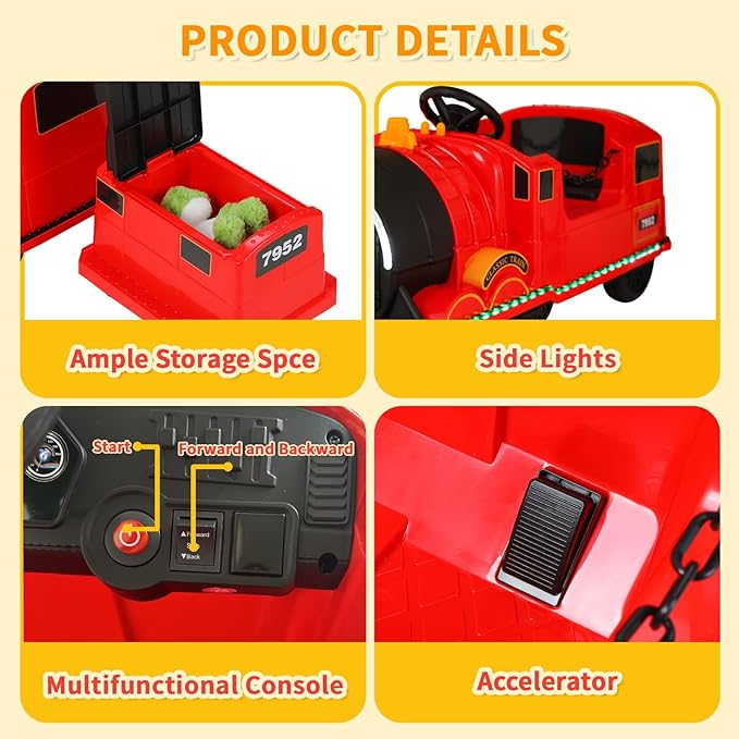 TLSUNNY Ride On Train Trackless, 12V Kids Battery Electric Train with 2-Seater，Detachable Carriage, Extra Storage, Colorful Lights & Music, Toddlers Car Toy for Boys & Girls Age 3+ (Red)