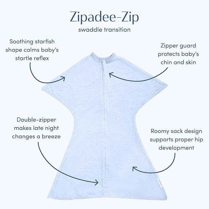 SleepingBaby Zipadee-Zip Transition Swaddle - Cozy Baby Swaddling Blanket with Zipper Convenience - Roomy Wearable Blanket for Easy Diaper Changes - 6-12 Month - Baseline Blue Heather