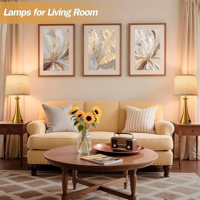 Hikczc Touch Lamp for Living Room Bedroom, 21" Table Lamps Set of 2 with USB C+A Ports, Touch Bedside Lamps for Nightstand with 3 Way Dimmable, 2 LED Bulbs Included, Gold