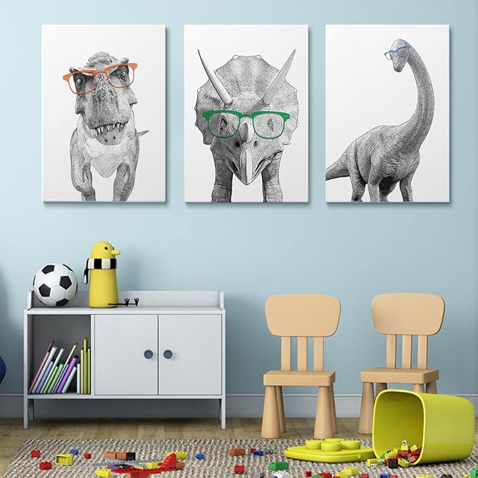 GUBIYU Black and White Animals Canvas Wall Art Print Set of 3 - Dinosaur Bathroom Decor Room Posters - Funny Painting for Kids Boy Girl Nursery 12"x16"