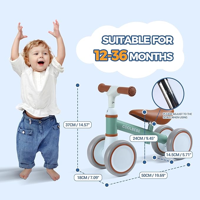 COOLBEBE Baby Balance Bike for 1 Year Old Boys Girls Gift, 2 Year Old Toddler Balance Bike with 4 Silent Wheels, One Year Old Birthday Gift Children for 12M-36M Pre-School