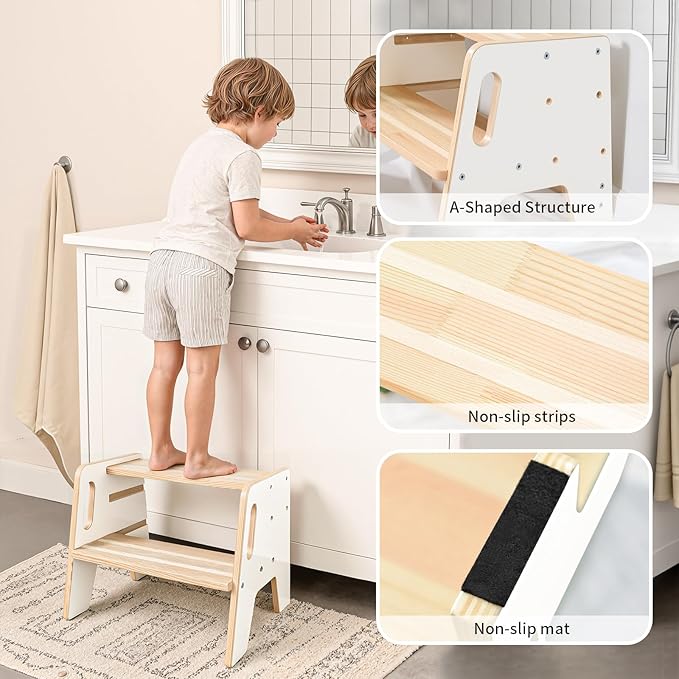 Wingyz Toddler Step Stool,Height-Adjustable Wooden Step stools for Kids with Handles,2 Stepstool for Toddlers,Bathroom Sink, Kitchen, Bedroom,Potty Training