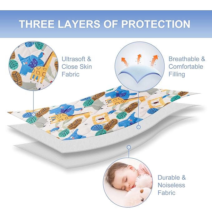TILLYOU Pack and Play Sheet - Soft Quilted Crib Cover Pad, Toddlers Mattress Protector with 1''-3'' Deep Pocket, Thick Play Yard Playpen Sheets, Crib Mattress Pad 39"x27", Animal Geometry
